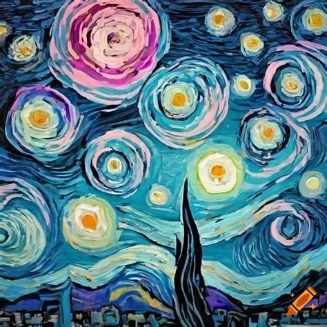 Van Gogh Inspired Pink And Cyan Starry Night Painting On Craiyon