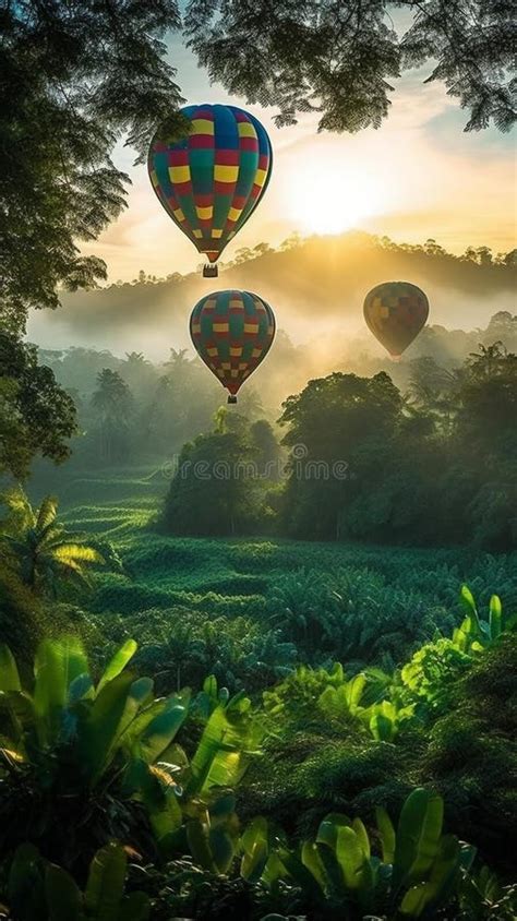 Colorful Hot Air Balloons Soaring Over Lush Green Landscape At Sunrise