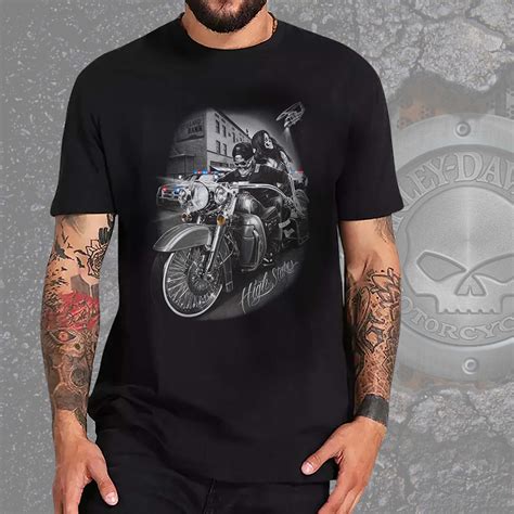 Camiseta Unissex Masculina Rockabilly Skull Police Motorcycle Moto