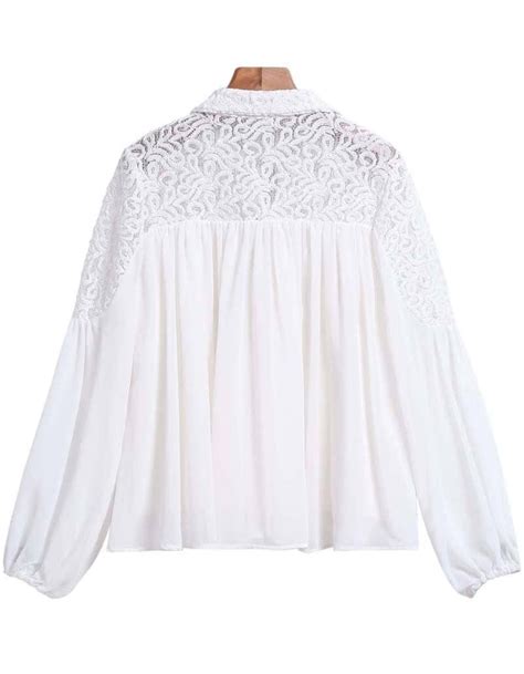 White Lapel Contrast Lace Loose Blouse Sheinsheinside