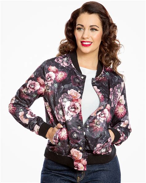 Berrie Classic Vintage Inspired Dark Floral Satin Bomber Jacket