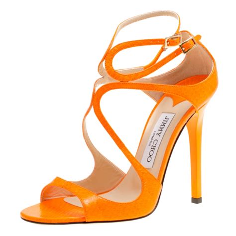 Jimmy Choo Neon Orange Python Leather Lance Strappy Sandals Size 37