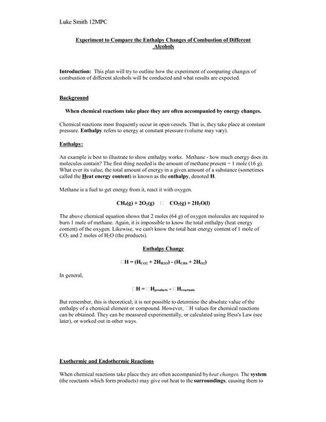 SOLUTION: Experiment to compare the enthalpy changes of combustion of different alcohols - Studypool