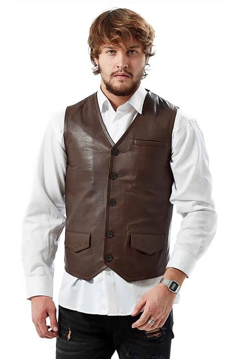 Mens 100 Real Brown Leather Pocket Vest