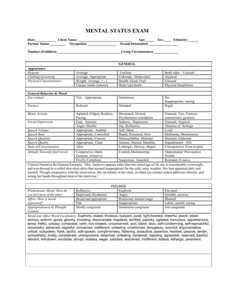 Free Printable Mental Status Exam Templates Pdf Word Worksheet