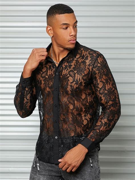 Black Party Long Sleeve Lace Plain Shirt Non Stretch Spring Summer Men Tops