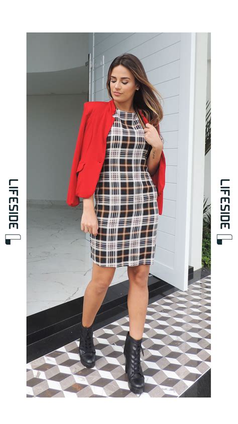 Lifeside Moda Feminina Vestido Xadrez E Blazer Vermelho Outono