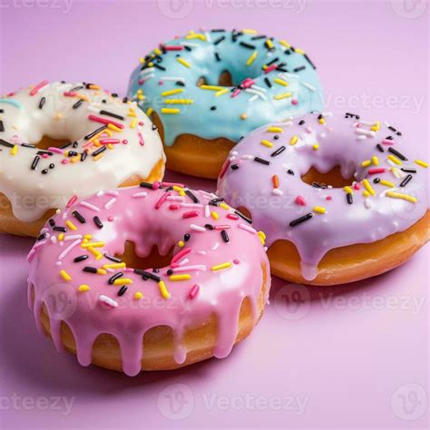 Four Donuts With Frosting And Sprinkles On A Purple Background