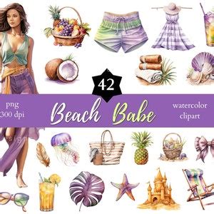 42 Beach Babe Digital Clipart Set Watercolor Png Summer Bundle Aquatic Clipart Purple Clipart