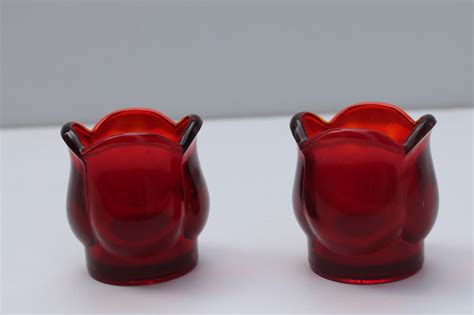 Pair Vintage Red Glass Votive Candle Holders Tulip Or Lotus Flowers Made For Paragon Candles