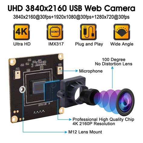 ELP 4K USB Camera 3840x2160P Sony IMX317 Mini Camera Module USB with Cameras 100 Degree No ...