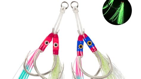 New 2 Set Pack Fish Hook Double Assist Hook Glow Metal Jig Lure Feather