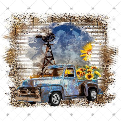 Windmill Vintage Truck Sunflowers Sublimation Transfer Farm