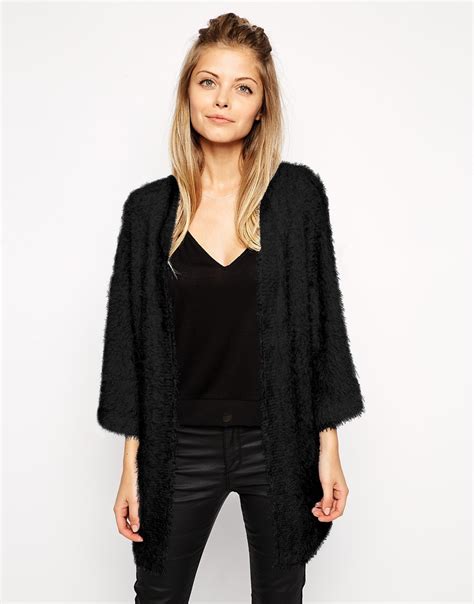 Asos Kimono Cardigan In Fluffy Knit In Black Lyst