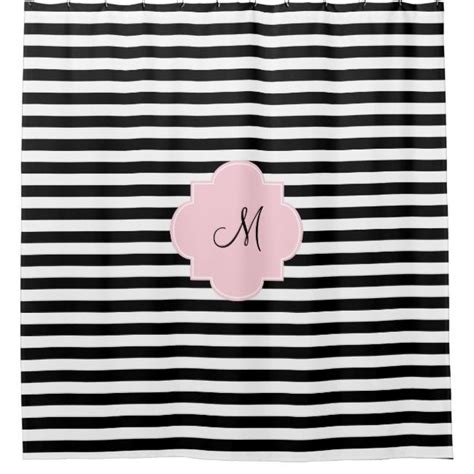 Monogram Black And White Stripes With Pastel Pink Shower Curtain