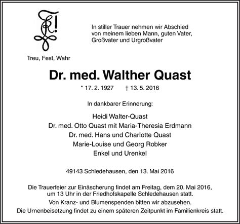 Traueranzeigen Von Walther Quast Noz Trauerportal