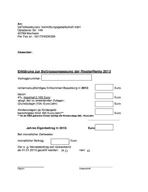 Ausfüllbar Online Erklrung zur Beitragsanpassung der RiesterRente 2013