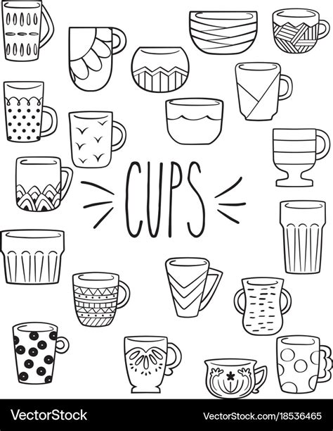 Hand Drawn Colorful Cups Mugs Bowls Royalty Free Vector