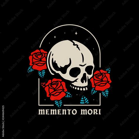 Skull With Roses Memento Mori Color Black Background Stock Vector