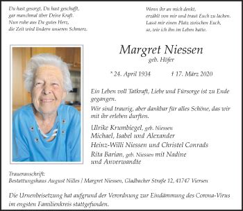 Traueranzeigen Von Margret Niessen Trauer Und Gedenken