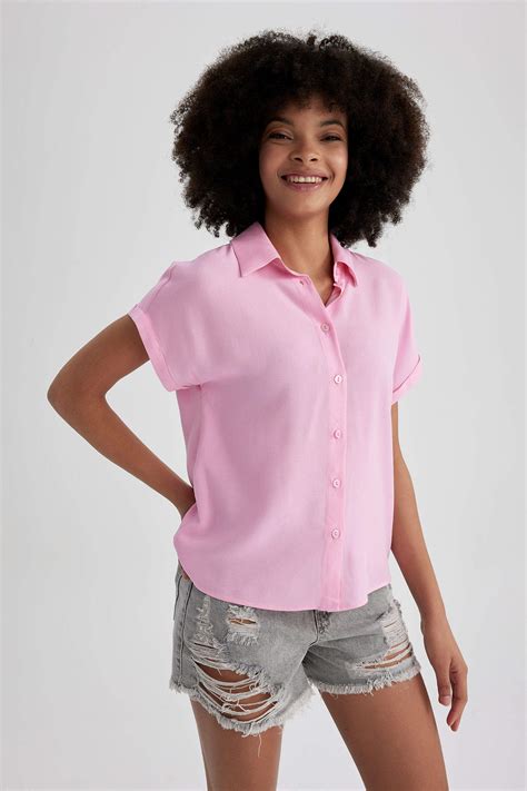 Pink Damen Regular Fit Kurzarmhemd Mit Reverskragen Defacto