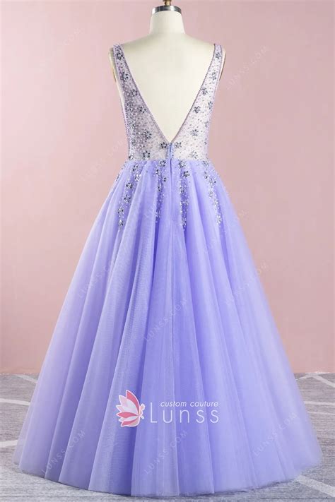 Charming Beaded Sheer Bodice Lavender Evening Prom Gown Lunss