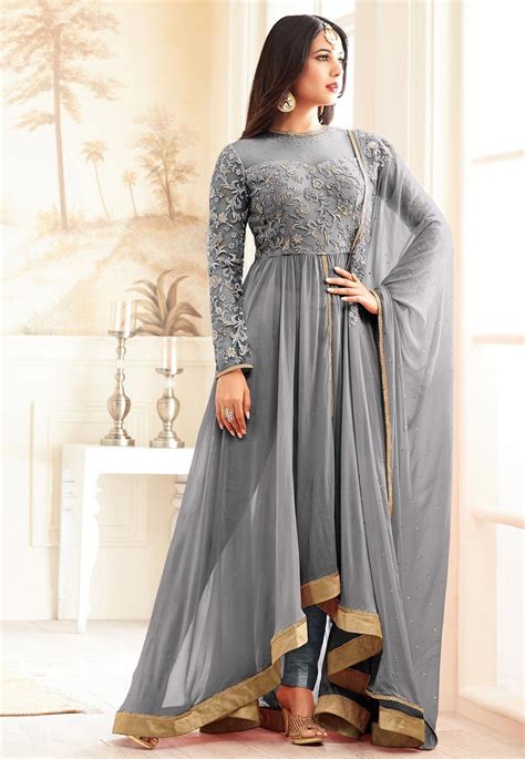 Embroidered Georgette Asymmetric Abaya Style Suit In Grey KCH1263