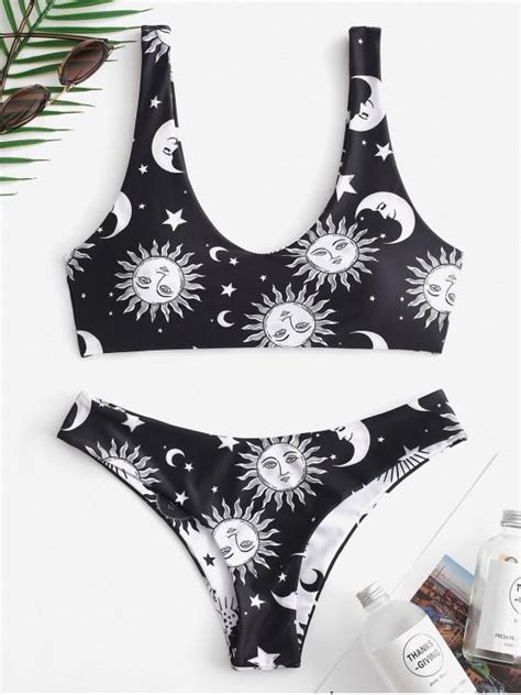 Off Zaful Reversible Sun Moon Star Print Bikini Swimsuit In