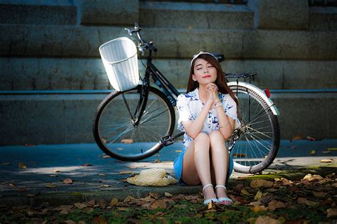 HD Wallpaper Asian Women Brunette Closed Eyes Head Band Bicycle