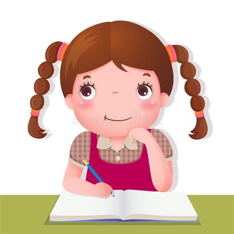 Cute Girl Thinking while Working on Her School Project Stock Vector ...