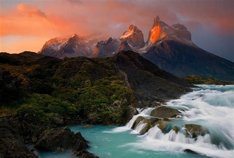 Chile, Sunrise, Mountain, Lake, Waterfall, Torres Del Paine, National Park, Patagonia, Clouds ...