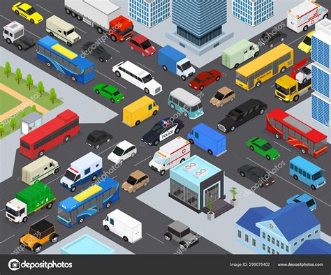 Traffic Jams On A City Landscape Background Scene Concept D Isometric