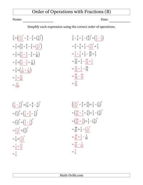 Order Of Operations With Positive Fractions Six Steps B