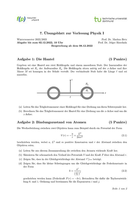 Physik I Blatt 7 Übungsblatt 7 Übungsblatt zur Vorlesung Physik I