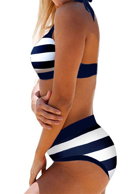 Women Beachwear Stripe Navy Blue Ladies Vest Tankini Swimwear Bathing