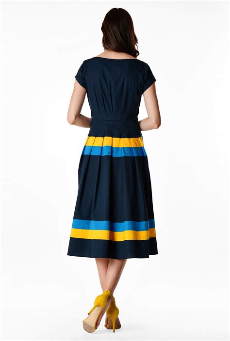 Shop Colorblock Stripe Cotton Poplin Release Pleat Dress Eshakti