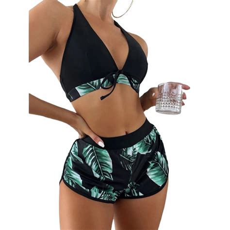Women S Three Piece Bikini Leaf Print Tie Up Halter Bra Low Rise
