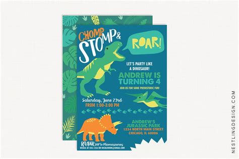 Dinosaur Invitation (Blue) — Nestling Design