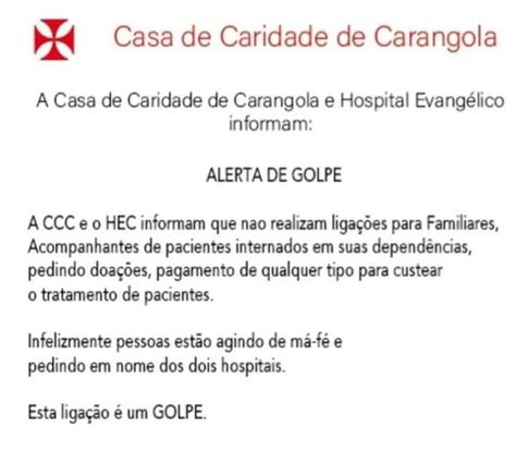 ALERTA DE GOLPE ENVOLVENDO O NOME DOS HOSPITAIS DE CARANGOLA MG CCC