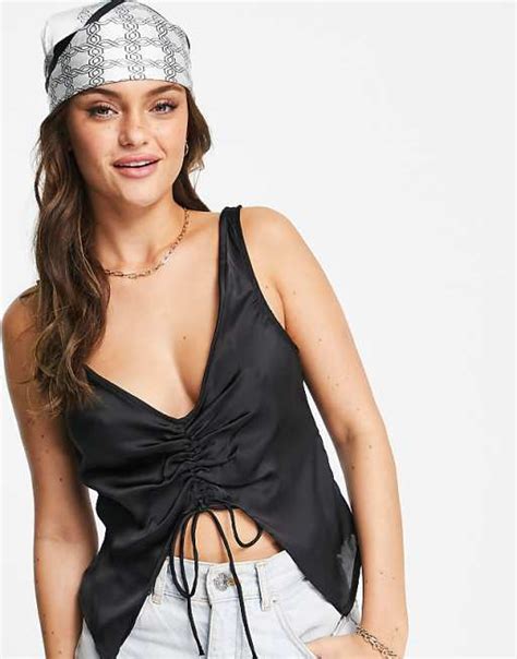 Stradivarius Ruched Satin Butterfly Shape Cami In Black Asos