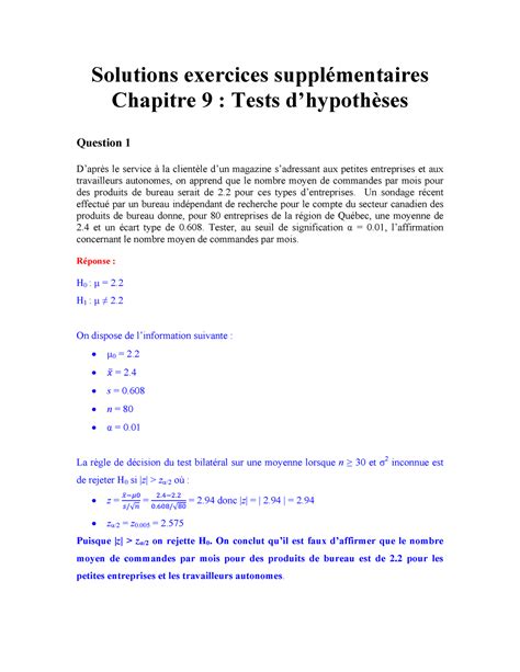 Solution Test Hypoth Se Solutions Exercices Suppl Mentaires Chapitre