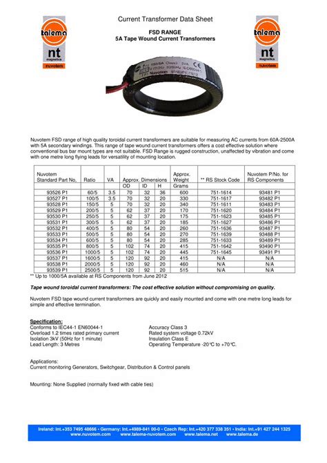 Pdf Current Transformer Data Sheet Series May Current Transformer