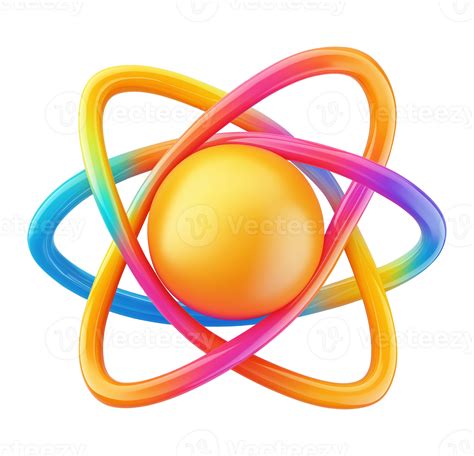Vibrant atom model with rainbow orbits transparent image. Physics, quantum mechanics. Chemistry