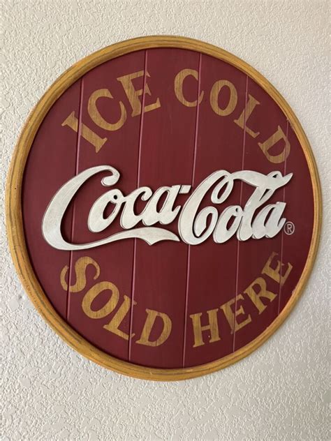 Ice Cold Coca Cola Sold Here Wooden Beverage Sign Round Red Vintage