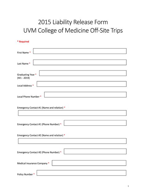 Fillable Online Uvm 2015 Liability Release Form UVM College Of Medicine