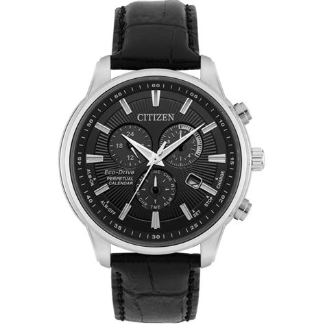 Citizen Mens Eco Drive Round Black Chronograph Dial Black Leather Strap