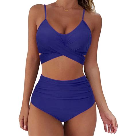 Idall Bikini Sets Bathing Suit Swimsuit High Women Halter Push Cut Lace Up Piece Bikini Solid