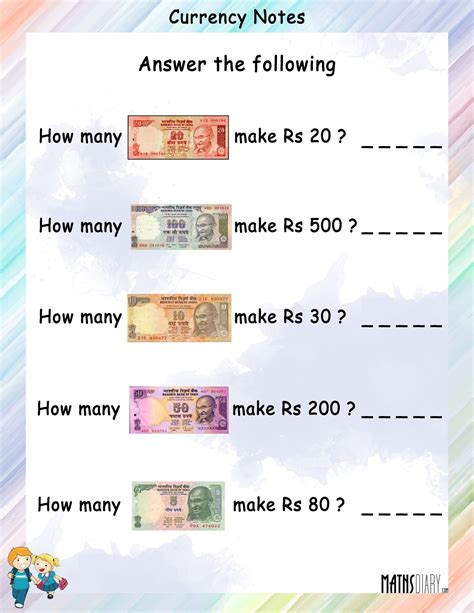 Currency Notes Math Worksheets