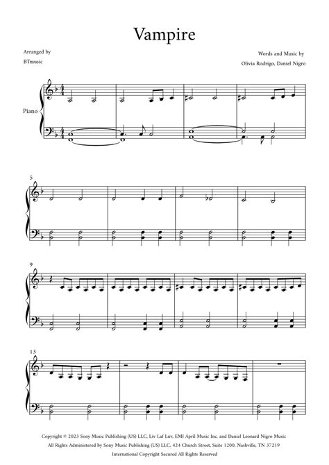 Vampire Arr Btmusic By Olivia Rodrigo Sheet Music For Easy Piano At