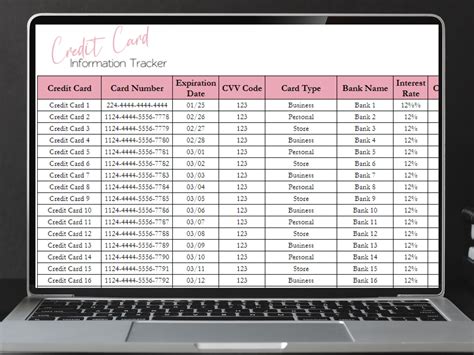 Credit Card Information Excel Spreadsheet Credit Card Log - Etsy